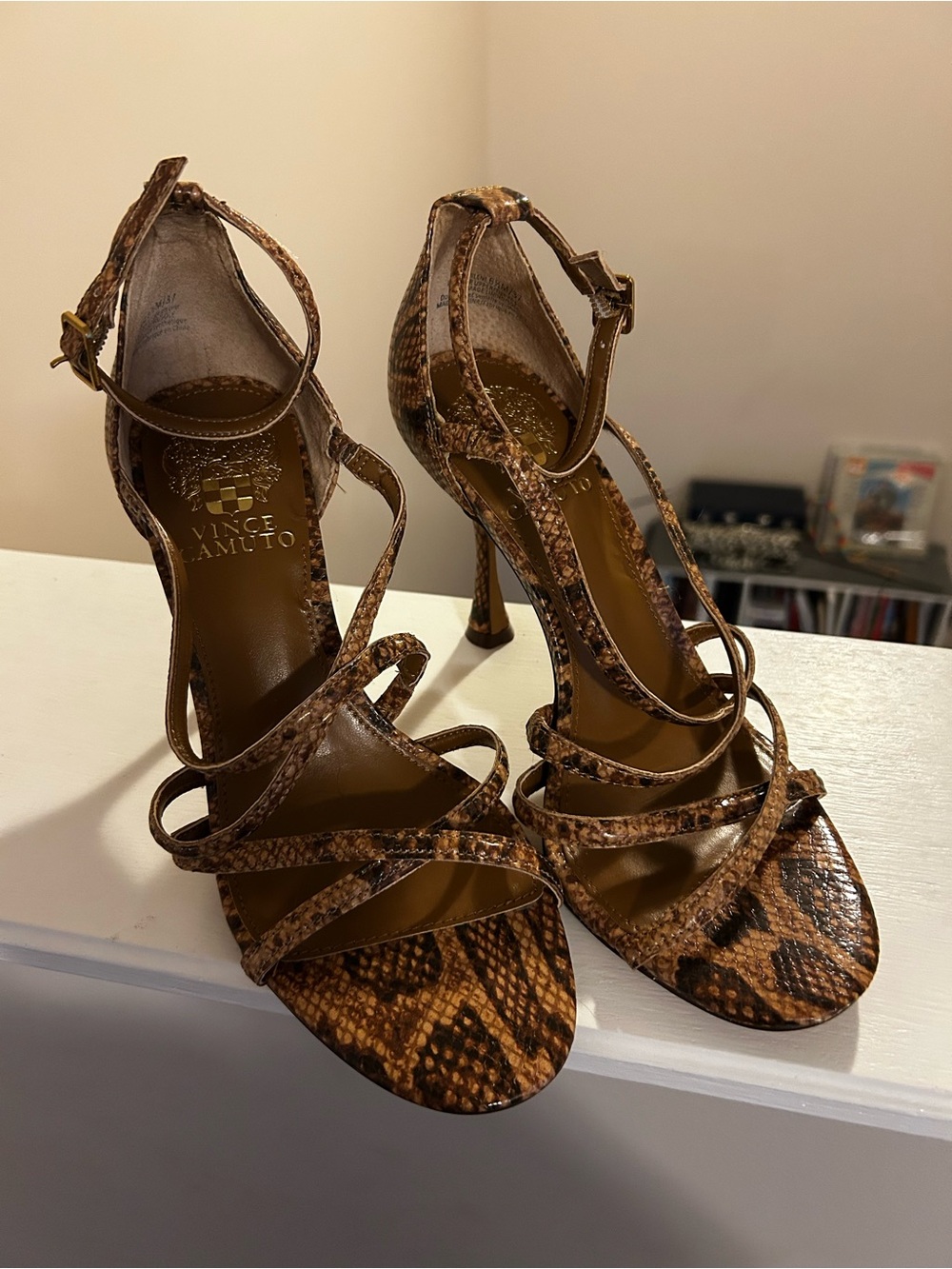 Vince Camuto Leather Snakeskin Print Strappy Heels | Size 6.5 | New Never Worn